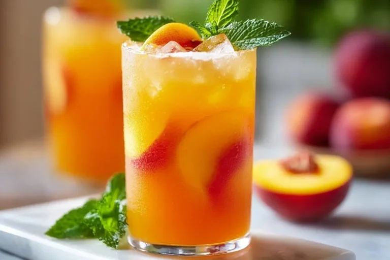 Refreshing Peach Lemonade: Sip into Summer Bliss peach lemonade A refreshing glass of peach lemonade garnished with fresh peaches and mint.
