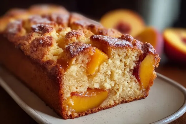 Southern Peach Bread coffee cake muffins Loaf of Southern Peach Bread with slices showcasing juicy peaches and a golden crust.