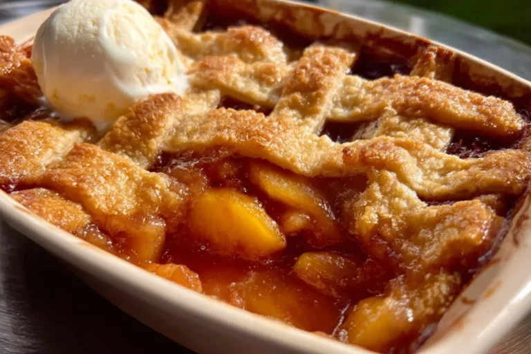 Delicious Southern peach cobbler served warm with a scoop of vanilla ice cream