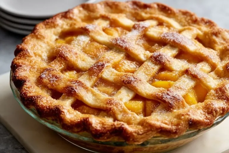 Delicious homemade peach pie with golden crust and juicy filling