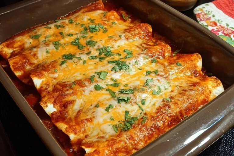 Delicious beef enchiladas topped with cheese and fresh ingredients on a plate.