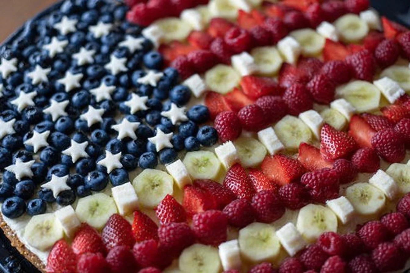 American Flag Fruit Pizza fruit pizza Colorful American Flag Fruit Pizza topped with fresh fruits and whipped cream.