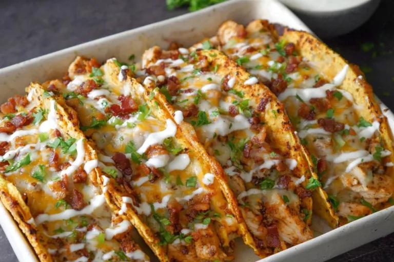 Baked Chicken Bacon Ranch Tacos Firecracker Chicken Baked Chicken Bacon Ranch Tacos topped with cheese and garnished with herbs