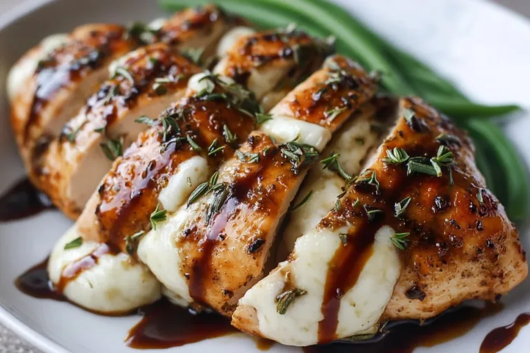 Balsamic Baked Chicken Breast with Mozzarella Cheese Firecracker Chicken Balsamic baked chicken breast topped with melted mozzarella cheese on a plate
