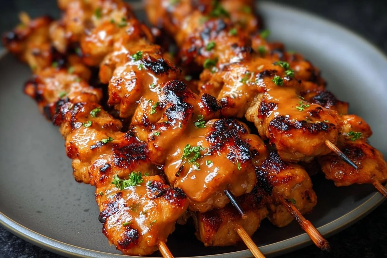 Bang Bang Chicken Skewers on a grill with vibrant sauces and spices
