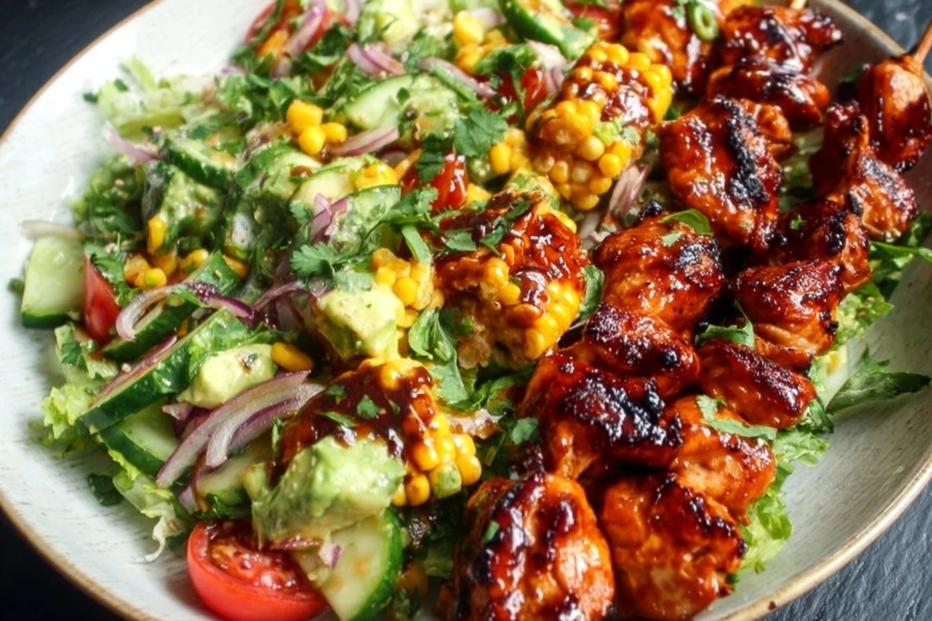 BBQ Chicken Skewer Salad BBQ chicken salad BBQ chicken skewer salad with vibrant vegetables and zesty dressing