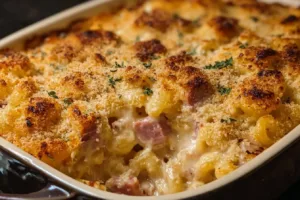 Delicious Chicken Cordon Bleu Casserole with melted cheese and ham