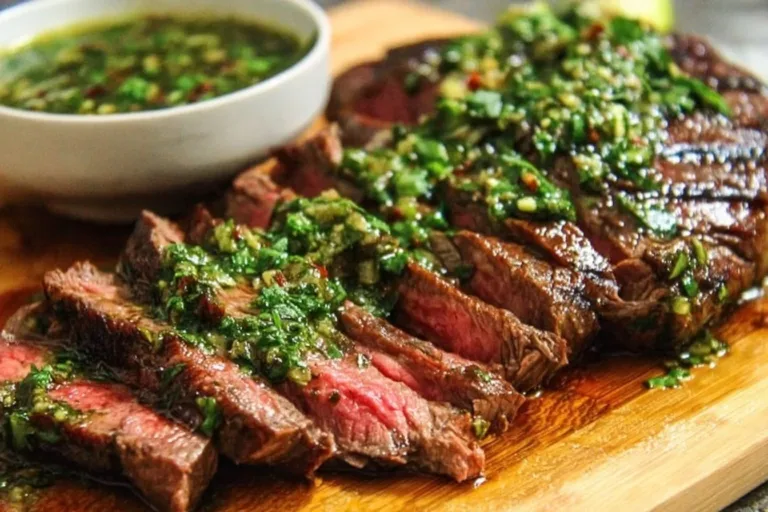 Chimichurri Steak Mexican Street Corn Juicy Chimichurri Steak garnished with fresh herbs and spices.