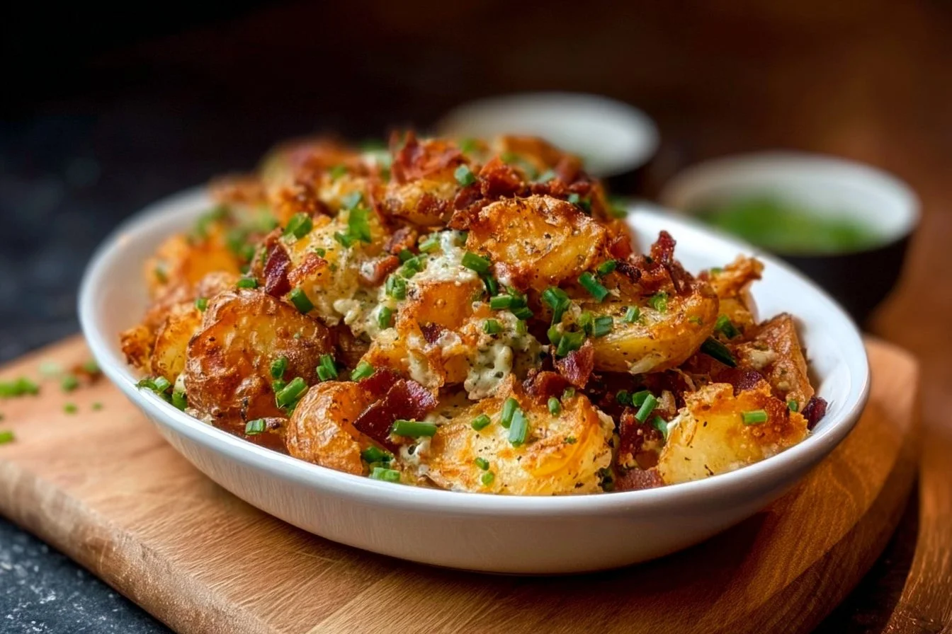 Crispy Smashed Potato Salad smashed potato salad Crispy smashed potato salad served in a bowl with fresh herbs.