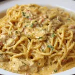 Bowl of Crock Pot Cheesy Chicken Spaghetti topped with herbs