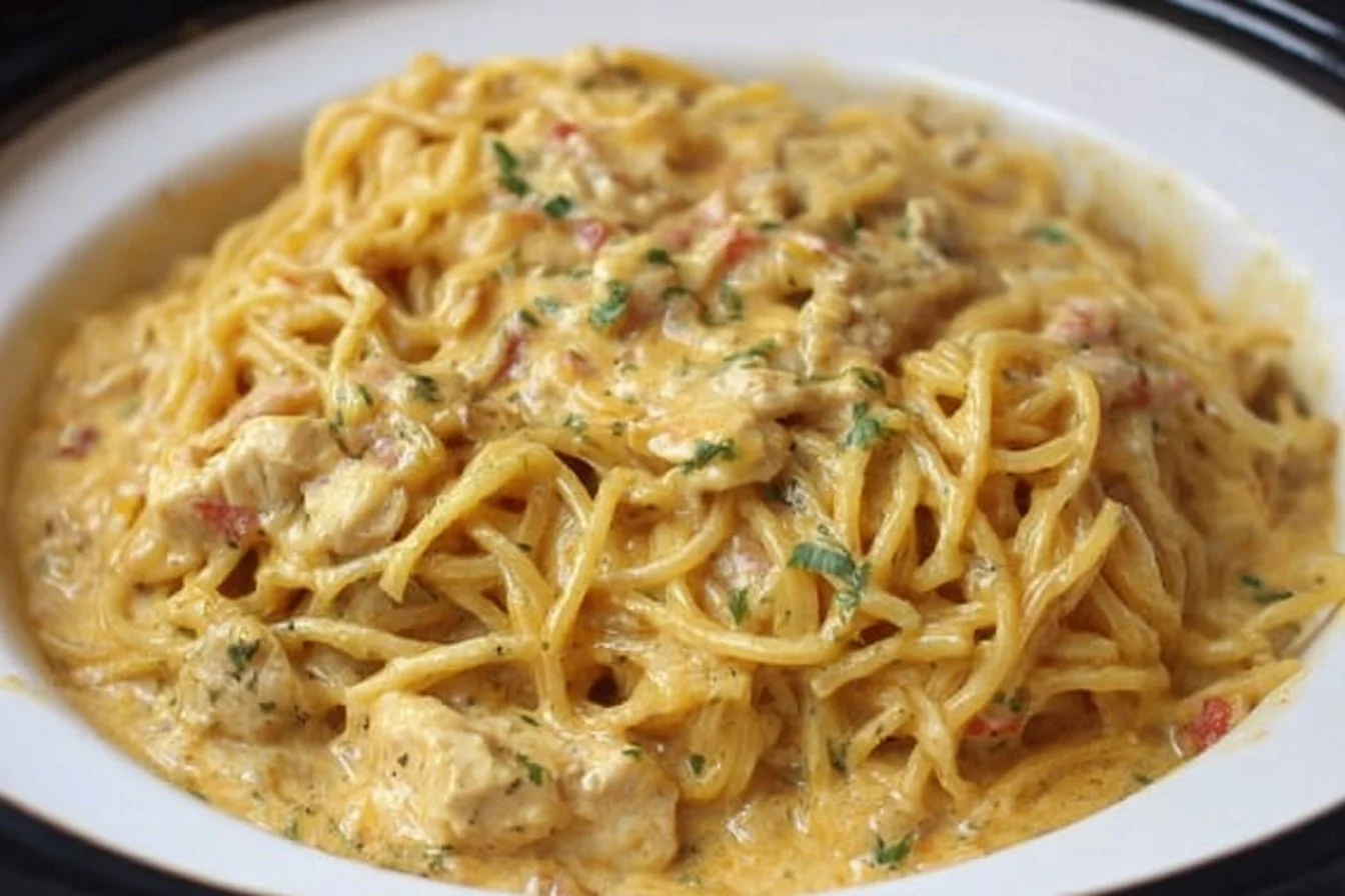 Crock Pot Cheesy Chicken Spaghetti cheesy chicken spaghetti Bowl of Crock Pot Cheesy Chicken Spaghetti topped with herbs