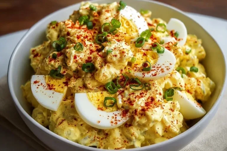 Deviled Egg Potato Salad key lime pie Delicious deviled egg potato salad served in a bowl with garnishes