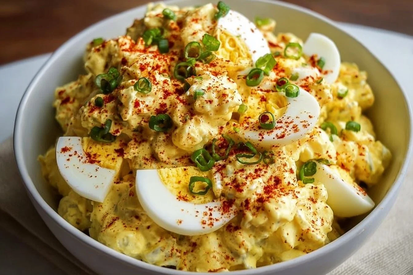 Deviled Egg Potato Salad deviled egg potato salad Delicious deviled egg potato salad served in a bowl with garnishes