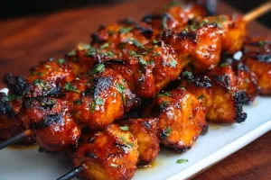 Delicious Firecracker Chicken Skewers served on a platter