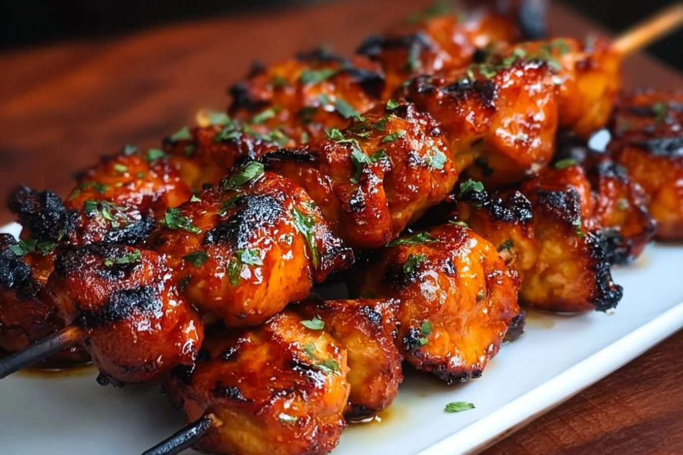 Firecracker Chicken Skewers Firecracker Chicken Delicious Firecracker Chicken Skewers served on a platter