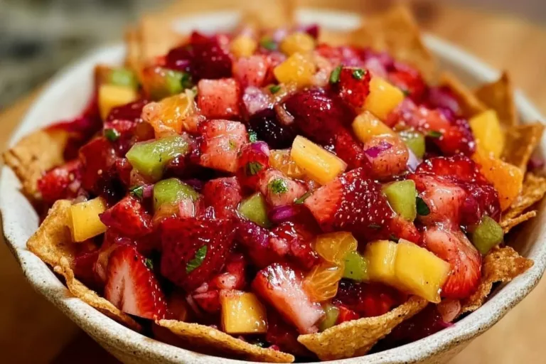 Fresh Fruit Salsa with Cinnamon Sugar Chips fruit salsa Bowl of fresh fruit salsa served with cinnamon sugar chips on the side