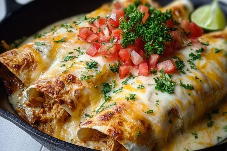 Indulgent Queso Chicken Enchiladas for Quick Weeknight Dinners Firecracker Chicken Delicious queso chicken enchiladas topped with creamy cheese sauce and garnished.