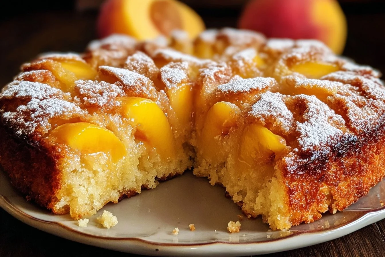 Irresistible Summer Peach Cake peach cake Delicious summer peach cake with fresh peaches and whipped cream topping