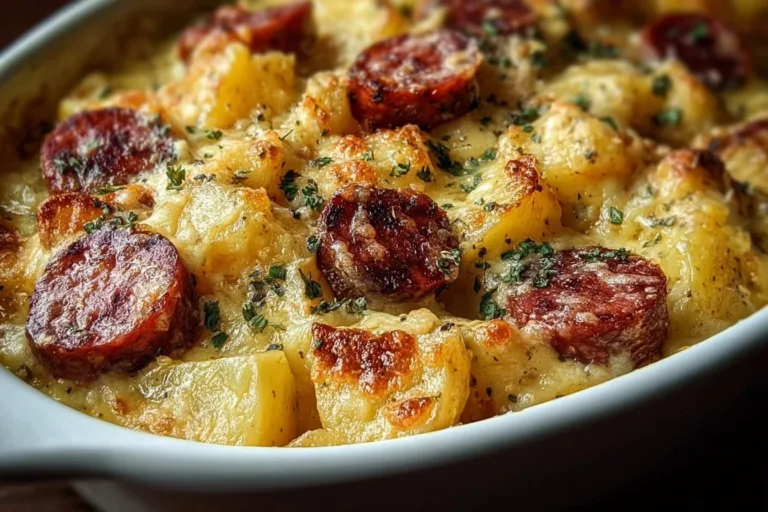 Cheesy kielbasa sausage and potato casserole served in a baking dish