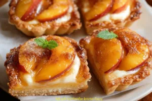 Mini peach and cream cheese tarts topped with fresh slices of peach