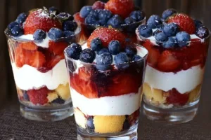 Mini mixed berry trifles with layers of cream and fresh berries