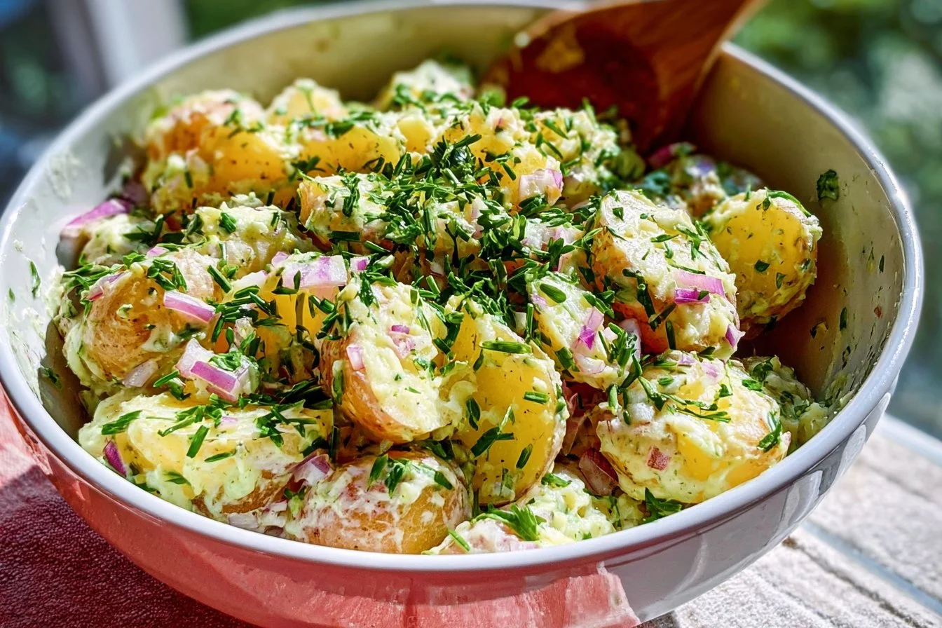 No Mayo Potato Salad with Herbs potato salad Bowl of no mayo potato salad with fresh herbs and colorful vegetables