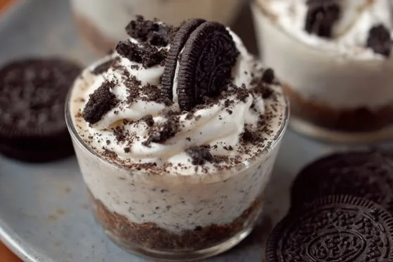 Oreo No-Bake Cheesecake Cups key lime pie Oreo no-bake cheesecake cups topped with crumbled Oreos in dessert cups.