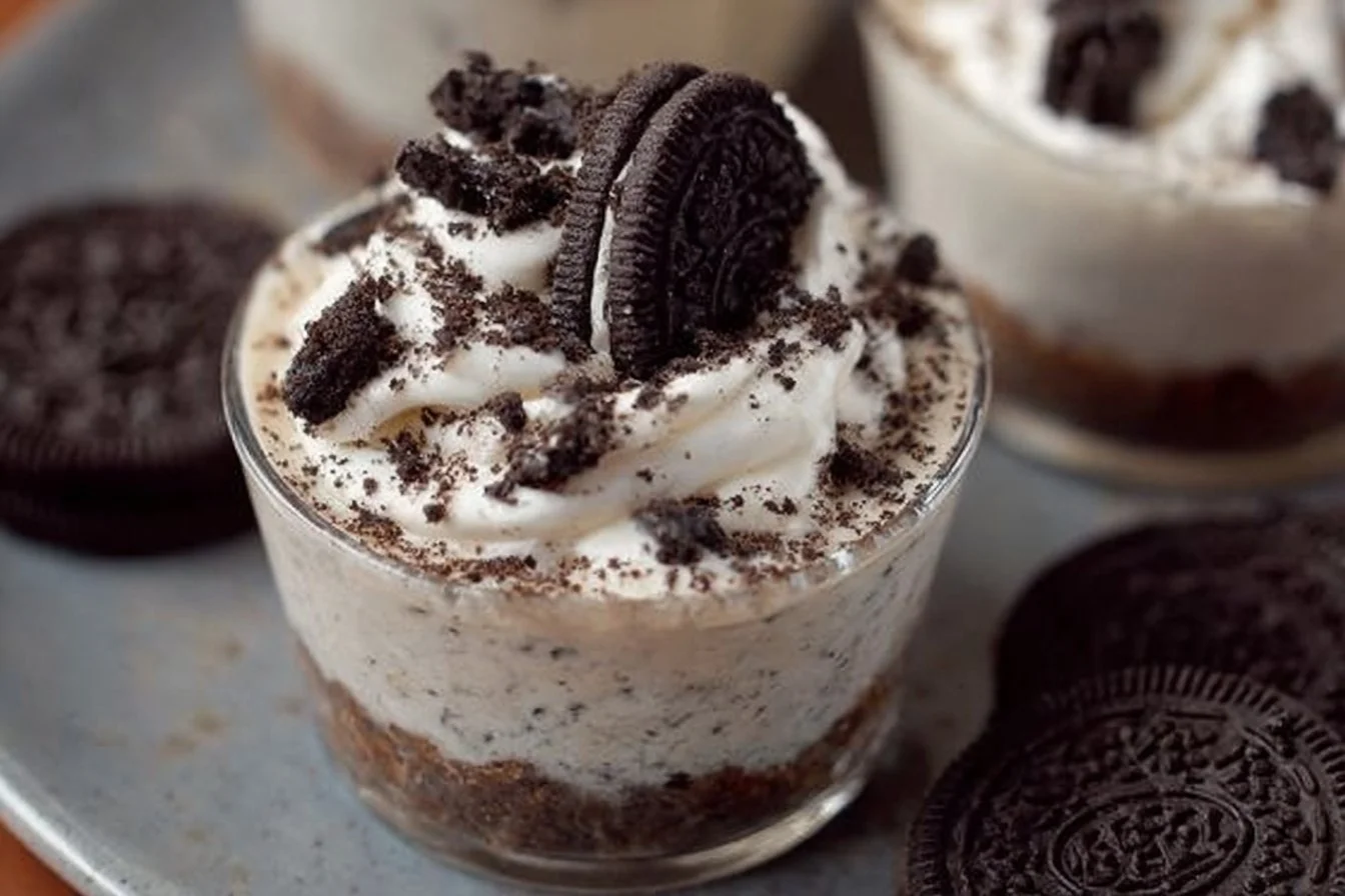 Oreo No-Bake Cheesecake Cups cheesecake cups Oreo no-bake cheesecake cups topped with crumbled Oreos in dessert cups.
