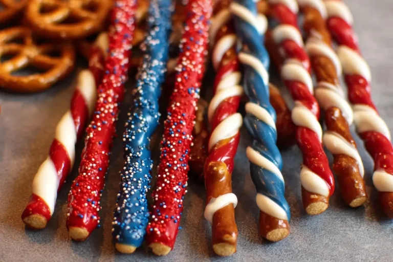 Patriotic Pretzel Rods fruit salsa Delicious patriotic pretzel rods decorated in red, white, and blue.