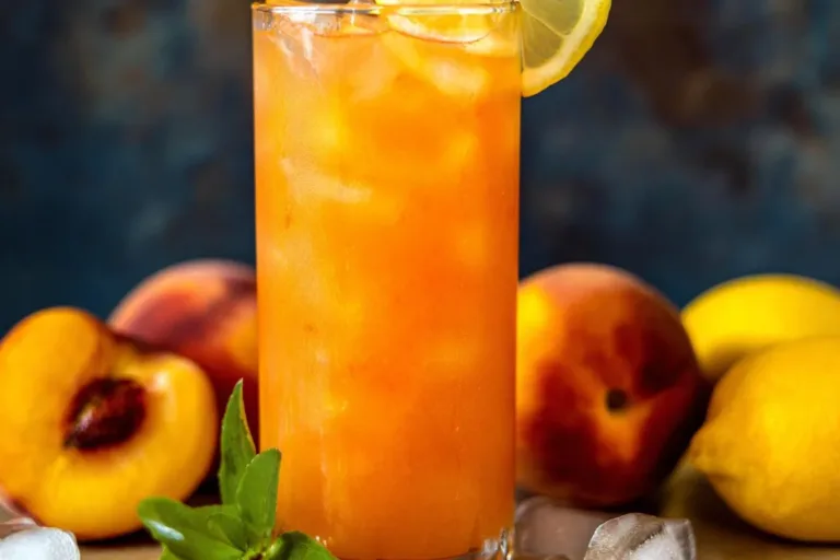 Peach Lemonade peach tea Refreshing glass of peach lemonade with fresh peaches and lemon slices