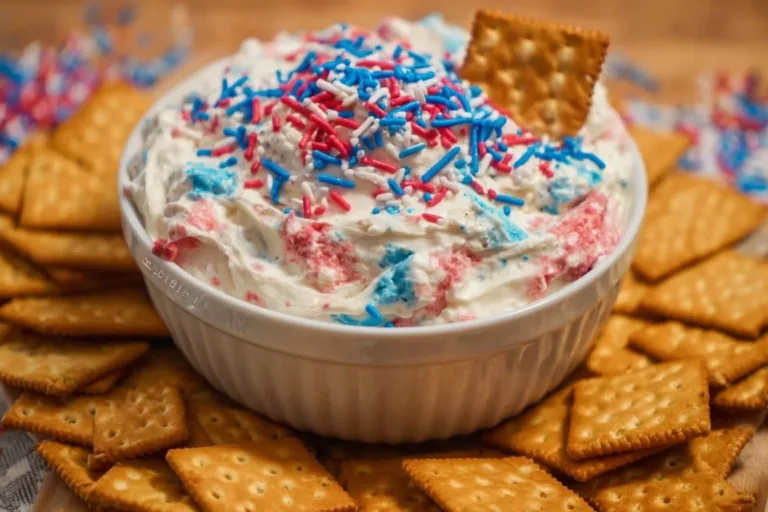 Red, White and Blue Funfetti Dip Peach Cream Cheese Tarts Red, White and Blue Funfetti Dip served in a bowl with colorful sprinkles.