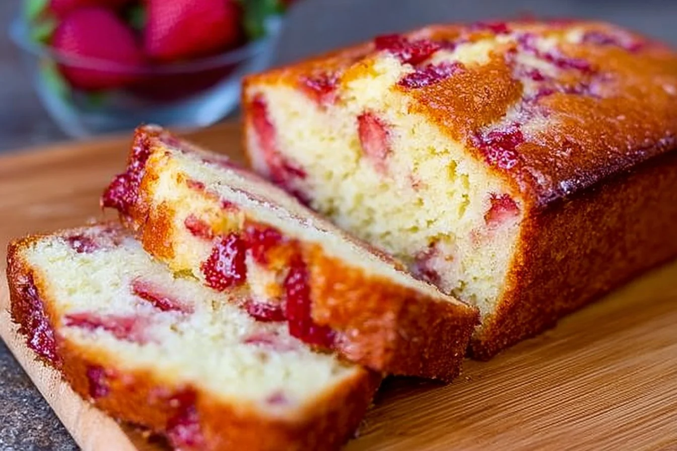 Strawberry Pound Cake strawberry pound cake Freshly baked strawberry pound cake topped with strawberries and cream