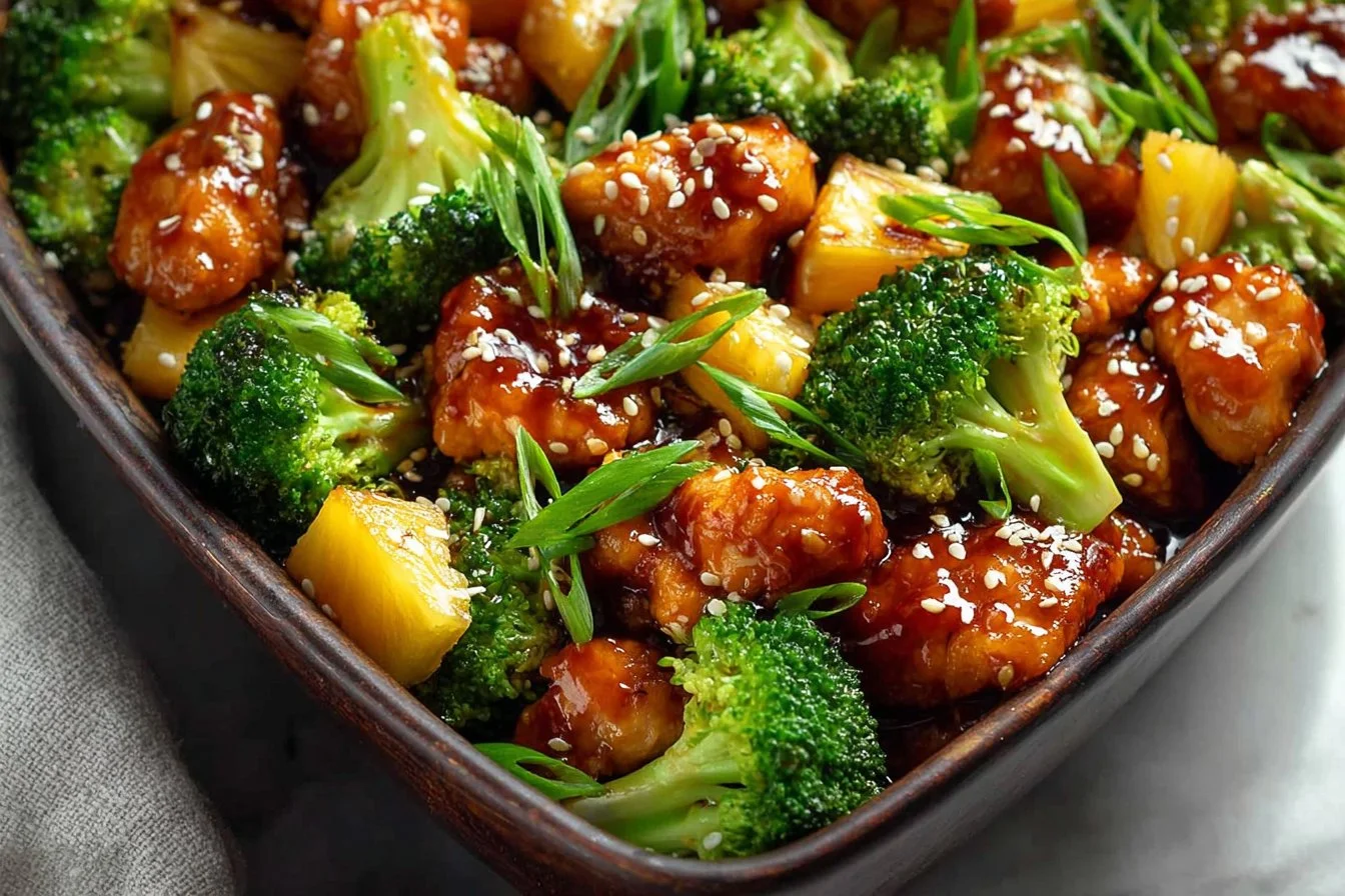 Sweet Sheet Pan Pineapple Chicken and Broccoli pineapple chicken Sweet sheet pan pineapple chicken with broccoli ready to serve