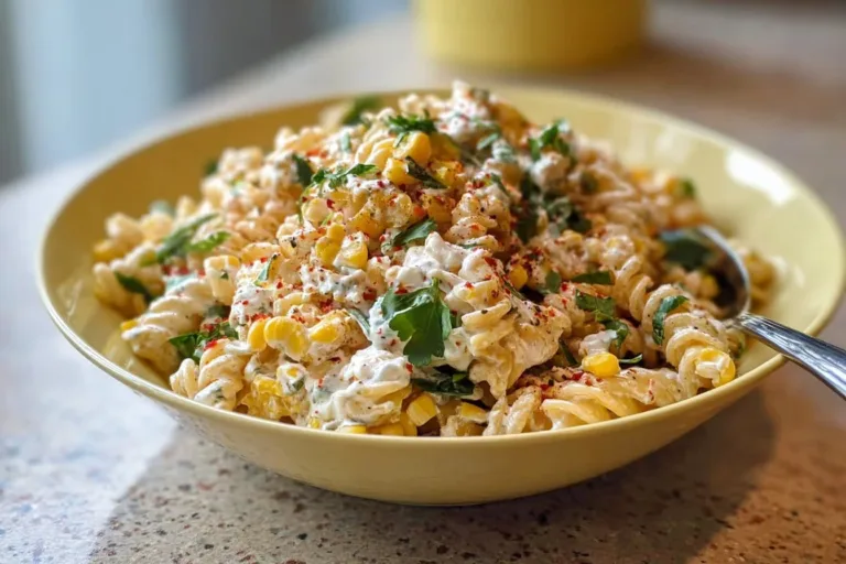 Tasty Elote Pasta Salad with Greek Yogurt Peach Cream Cheese Tarts Creamy elote pasta salad with Greek yogurt in a colorful serving bowl