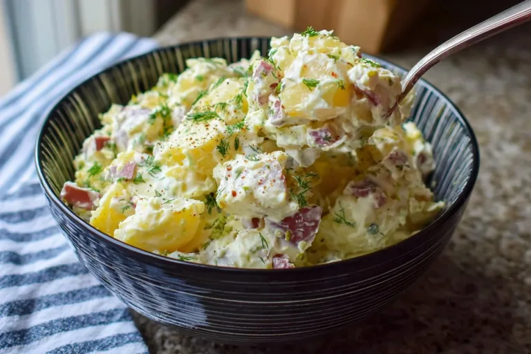 The Best Creamy Potato Salad Peach Cream Cheese Tarts Delicious creamy potato salad served in a bowl with fresh herbs