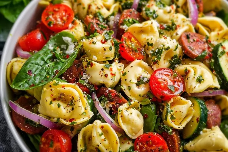 Delicious tortellini salad with colorful vegetables and dressing.