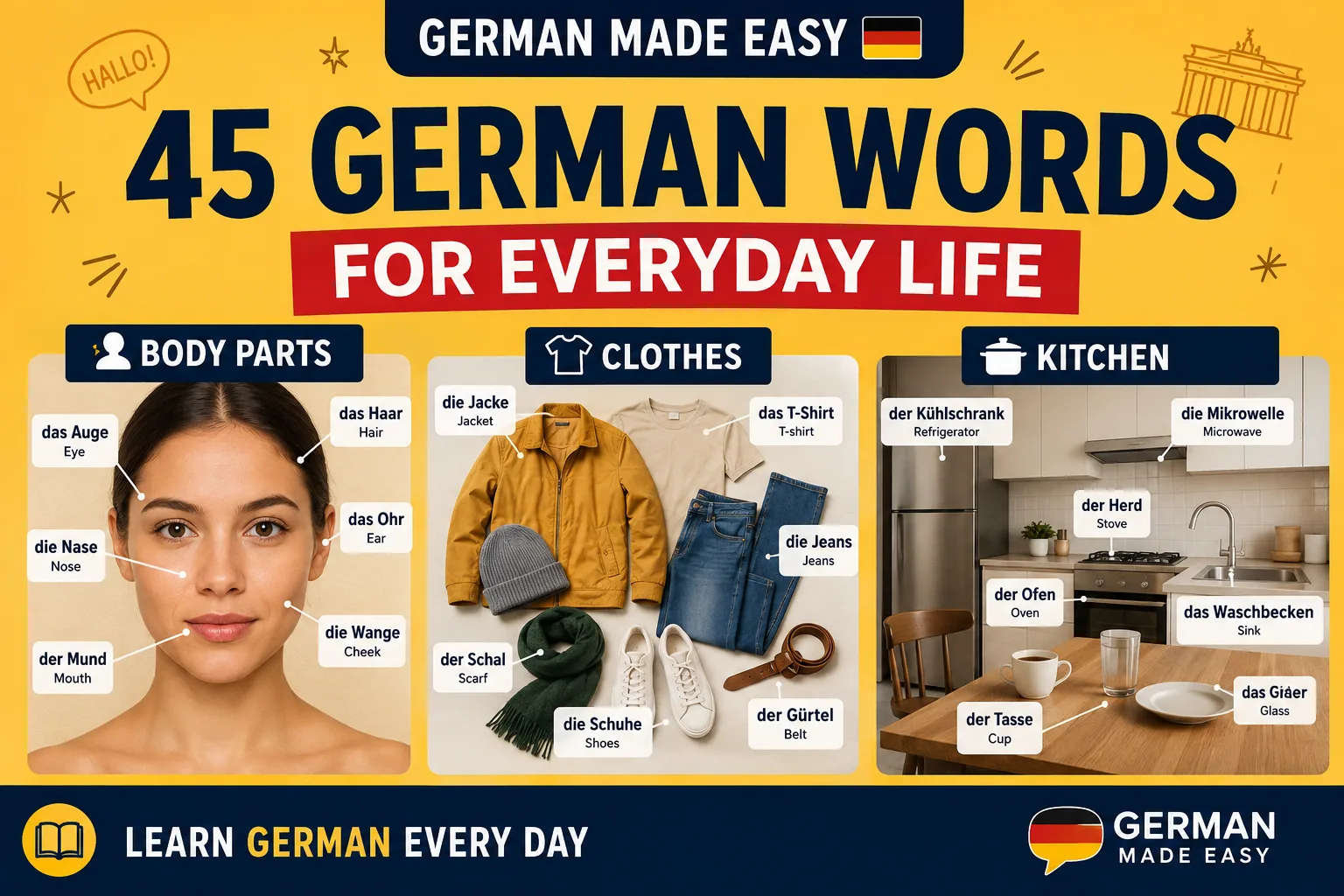 45 German Words for Everyday Life: Body Parts, Clothes & Kitchen